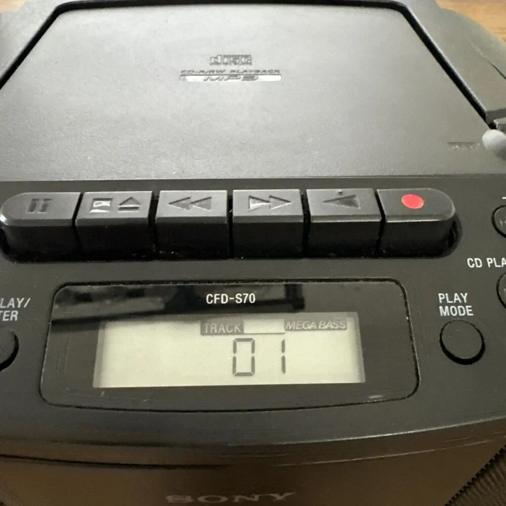 Sony CFD-S70 CD/Cassette Boombox with Radio Black Mega Bass Battery-Powered